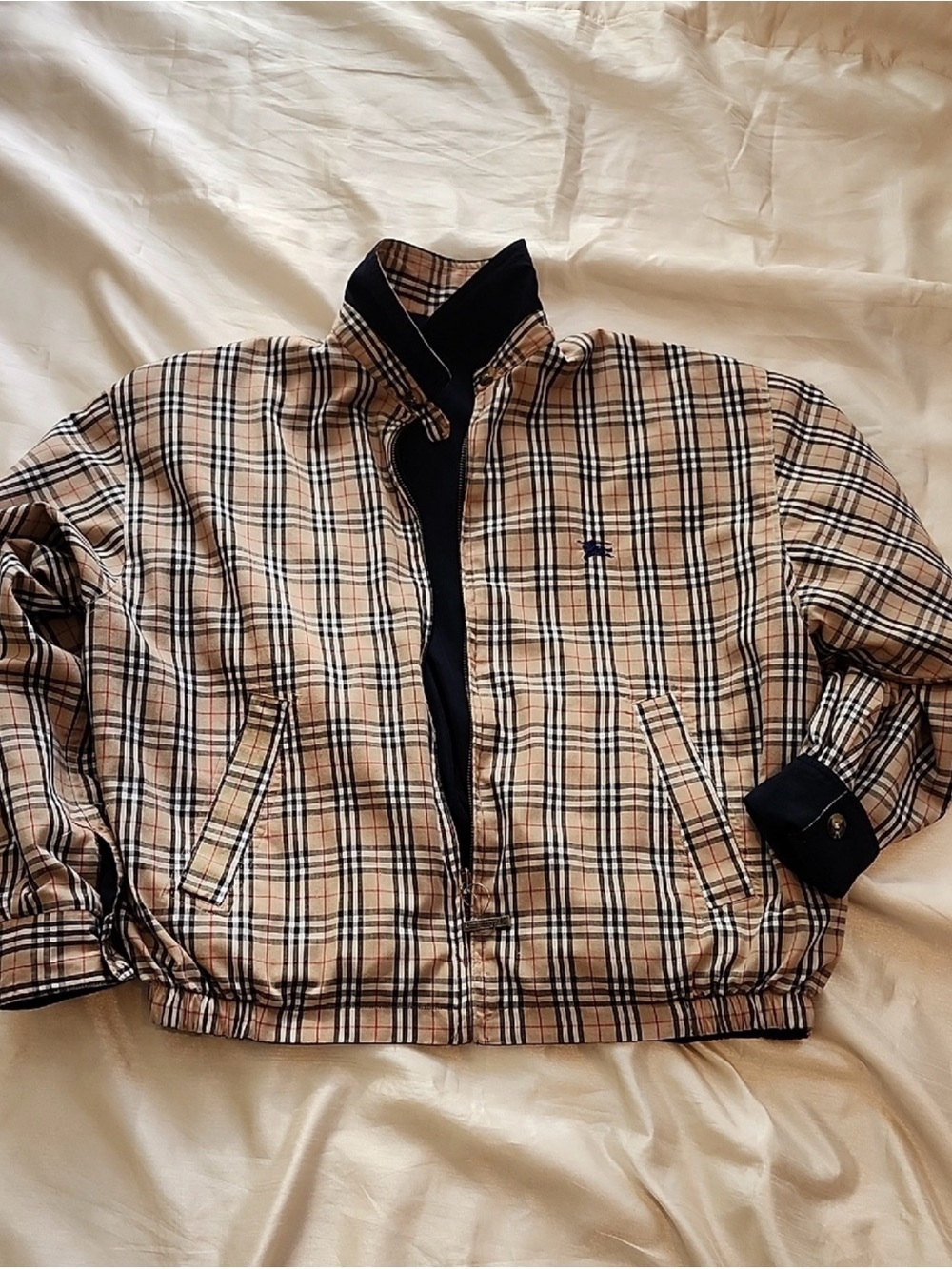 Burberry Beige Plaid Bomber Jacket with Black Trim - Picture 1 of 7